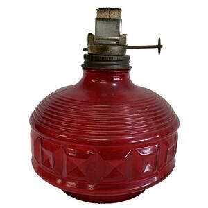 Vintage Red Glass Oil Lamp, Diamond &‎ Ribbed Pattern, Kerosene Lantern